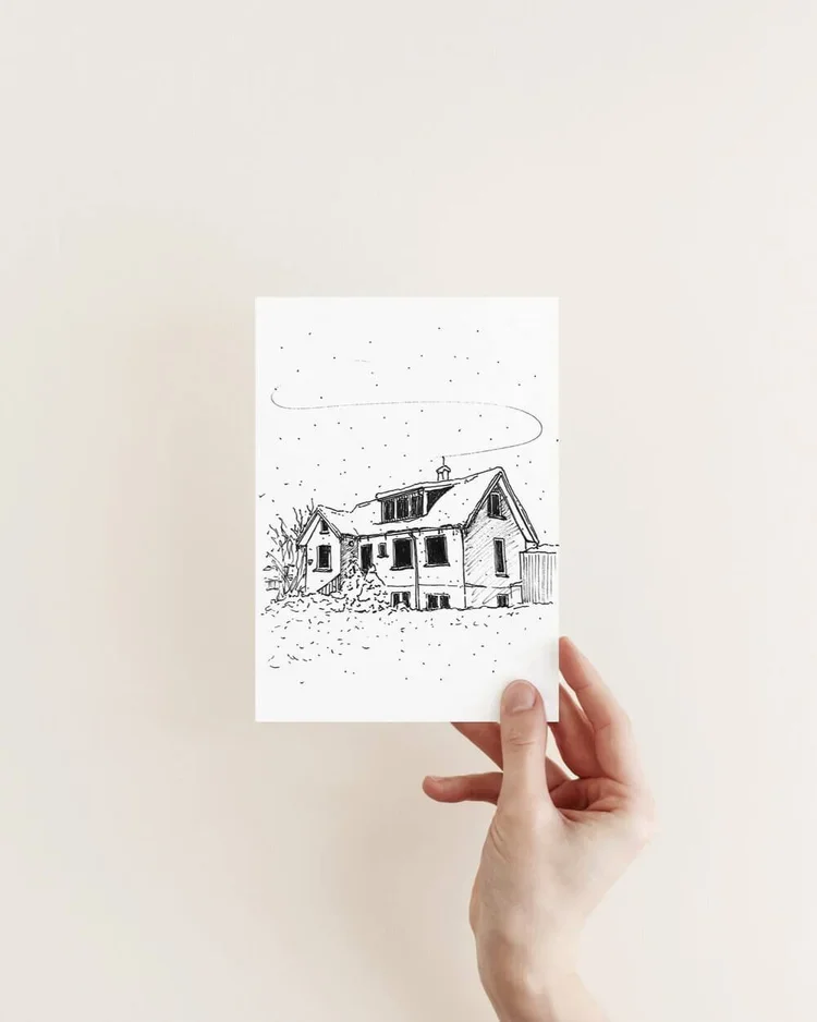 Original hand-drawn architectural sketch of a snowy house in Reykjavik, Iceland by architect Sonia Nicolson (Reykjavik Sketcher).