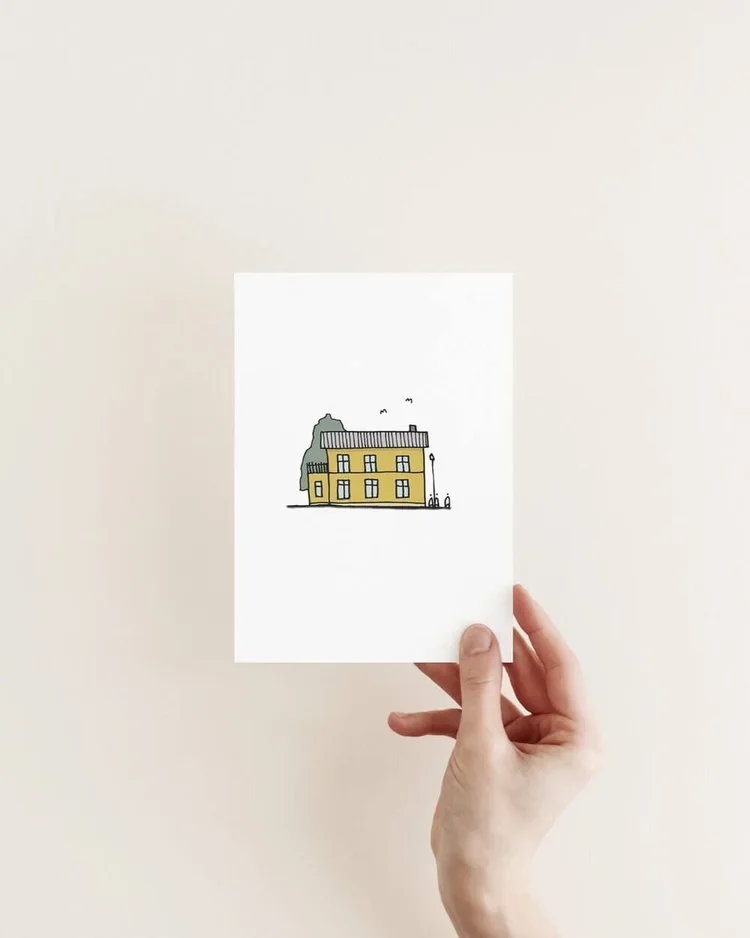 Yellow house in Reykjavík Iceland minimalist architectural illustration art print by Sonia Nicolson