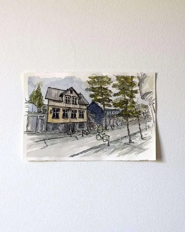 Watercolour painting of Dillon Whiskey Bar, Reykjavik, Iceland. Painting by local artist and architect, Sonia Nicolson.