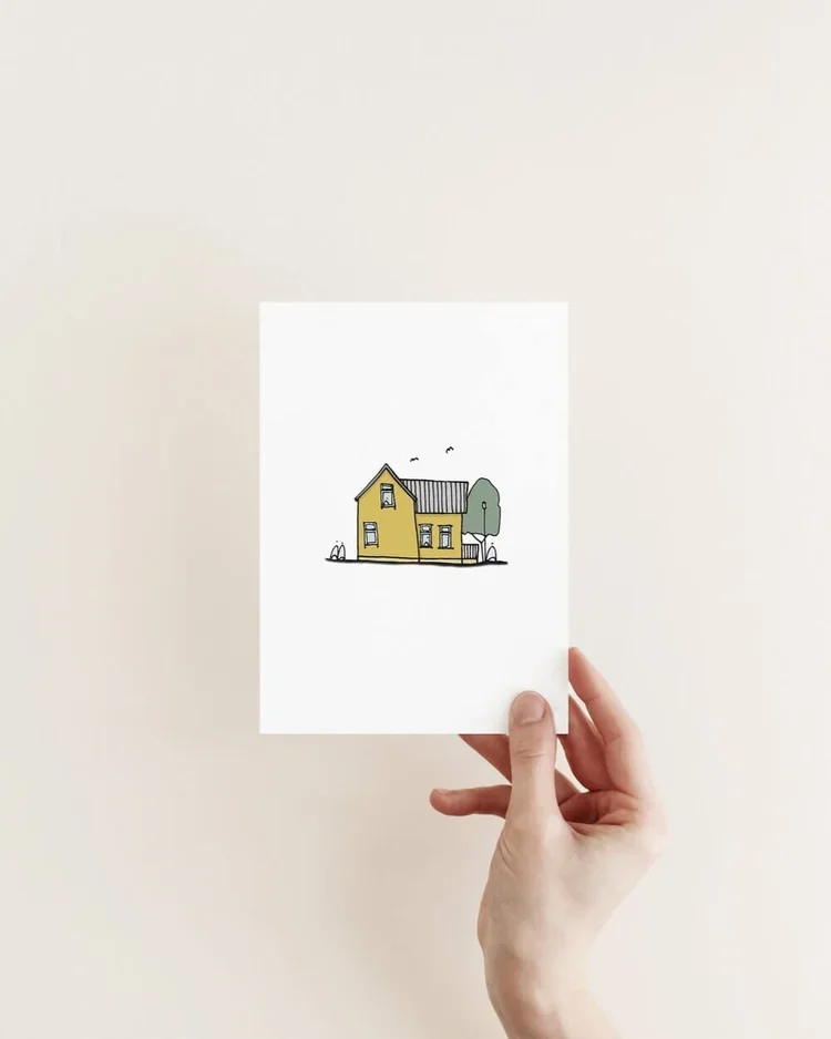 Icelandic yellow house Reykjavík Nordic home architectural drawing minimalist art print