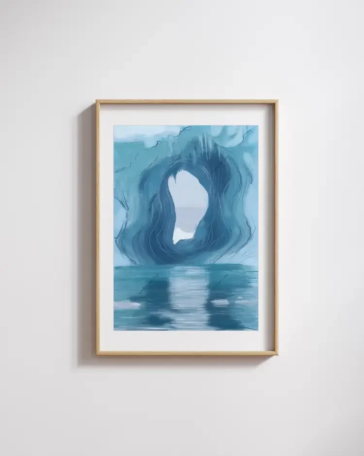 Digital hand-drawn sketch of Jökulsárlón glacier lagoon in Iceland, printable art by architect Sonia Nicolson.