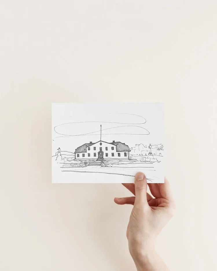 Original hand-drawn architectural sketch of Stjórnarráðshúsið (Prime Minister’s Office) in Reykjavík, Iceland by architect Sonia Nicolson.