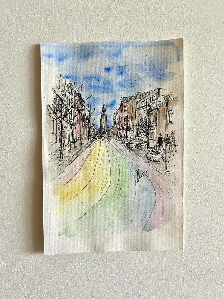 Skólavörðustígur the Rainbow Road in downtown Reykjavik, Iceland original watercolour painting by local artist, Sonia Nicolson.