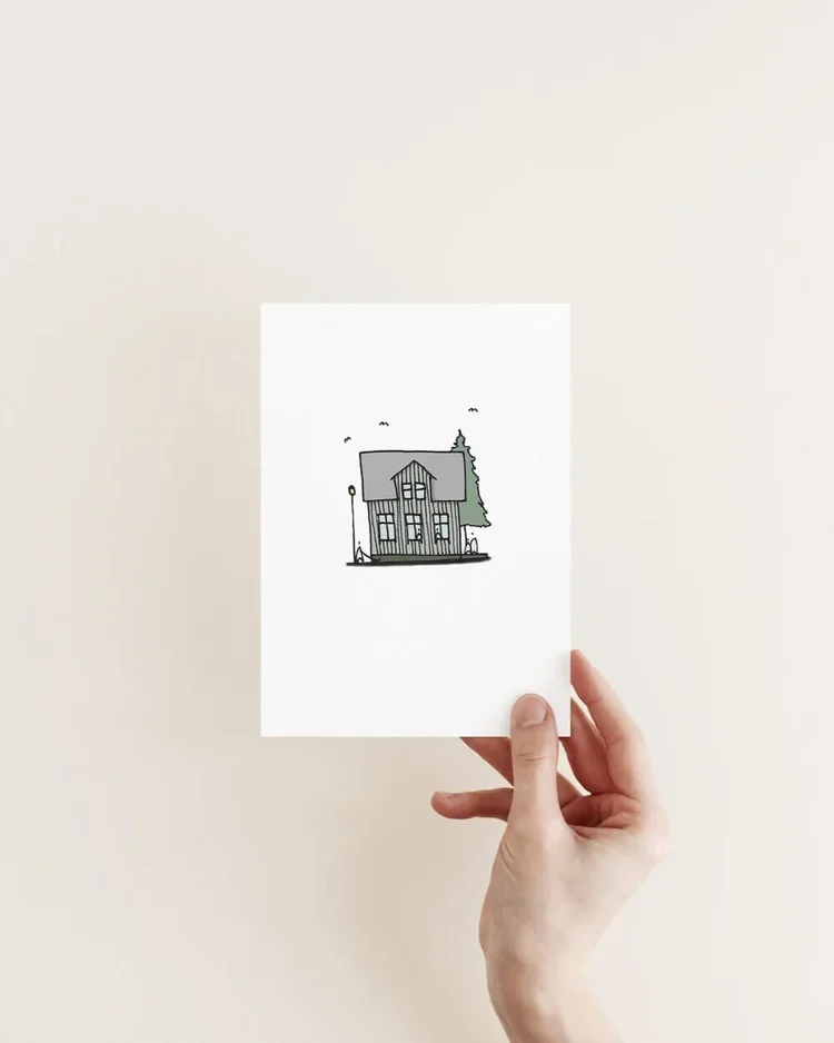 Traditional green timber house in Reykjavík, hand-drawn minimalist print