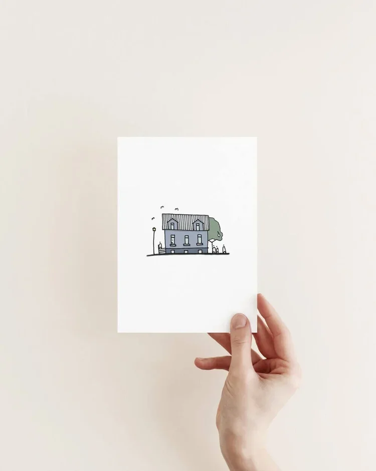 Blue house in Reykjavík Iceland architectural illustration art print by Sonia Nicolson