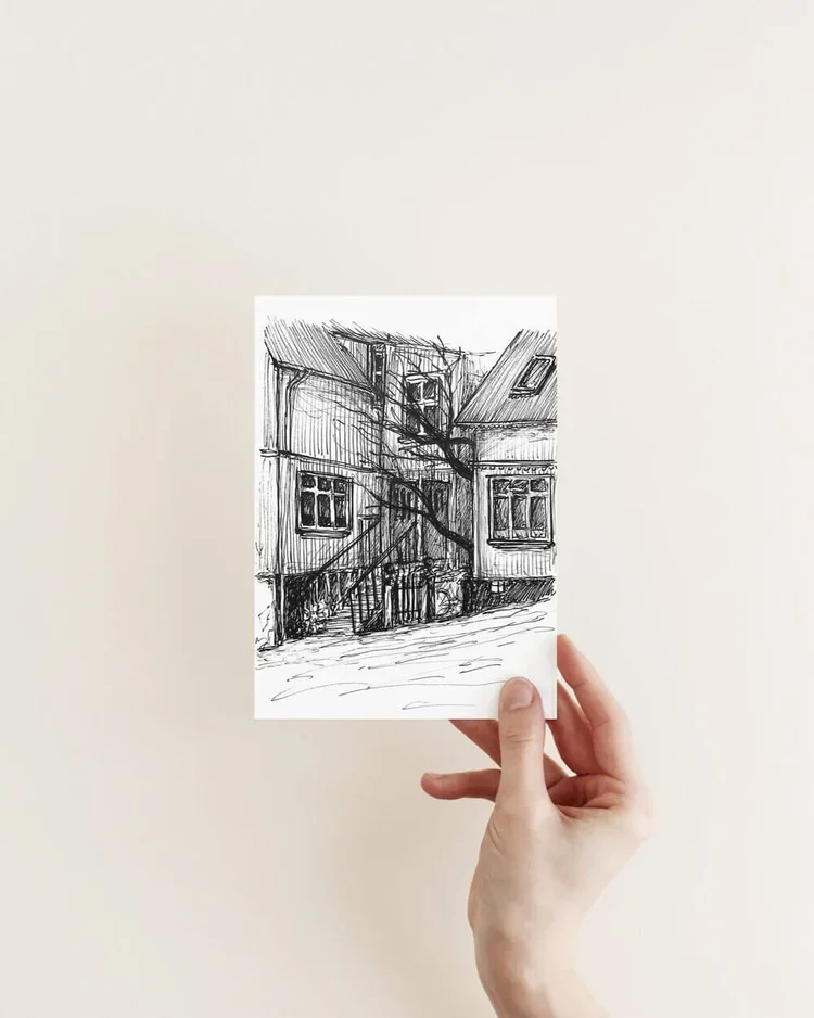 Original hand-drawn architectural sketch of Reykjavík Roasters at Frakkastígur 17 in Reykjavík, Iceland by architect Sonia Nicolson.