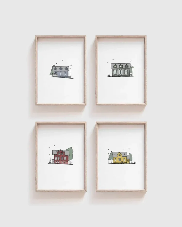 Set of four Nordic style Icelandic homes art print with minimal architectural drawing and muted colours