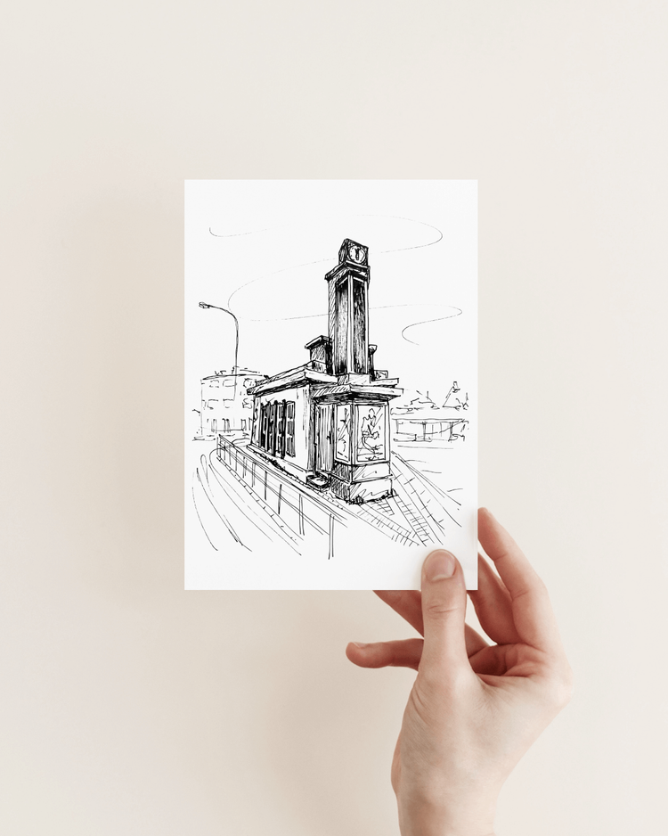 Original hand-drawn architectural sketch of the Hlemmur clock tower in Reykjavík, Iceland by architect Sonia Nicolson.