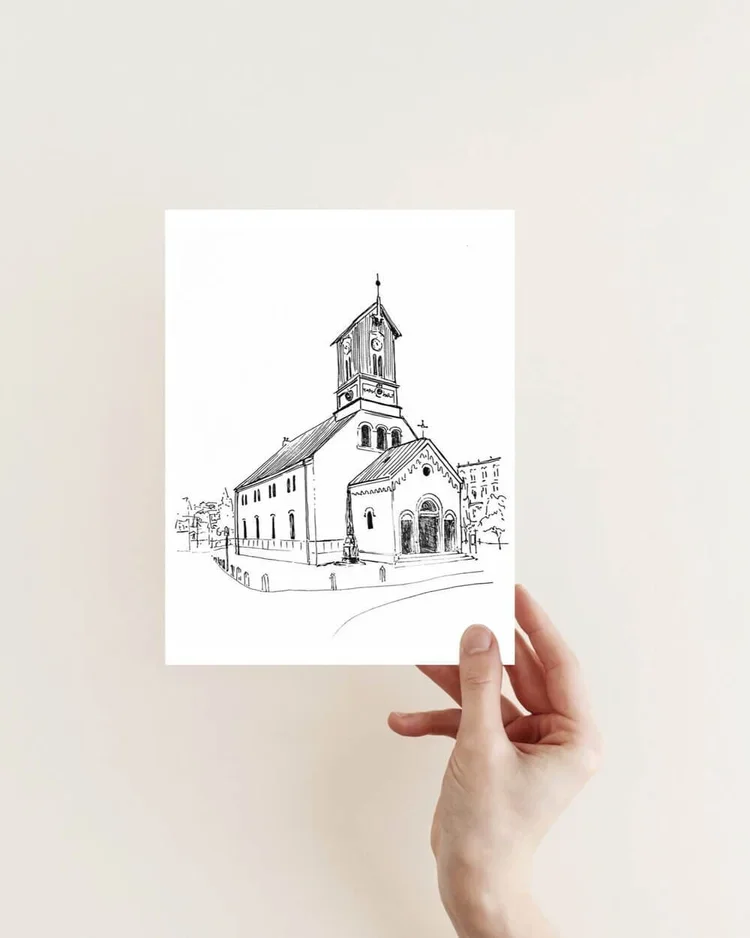 Original hand-drawn architectural sketch of Reykjavík Cathedral (Dómkirkjan) in Iceland by architect Sonia Nicolson.
