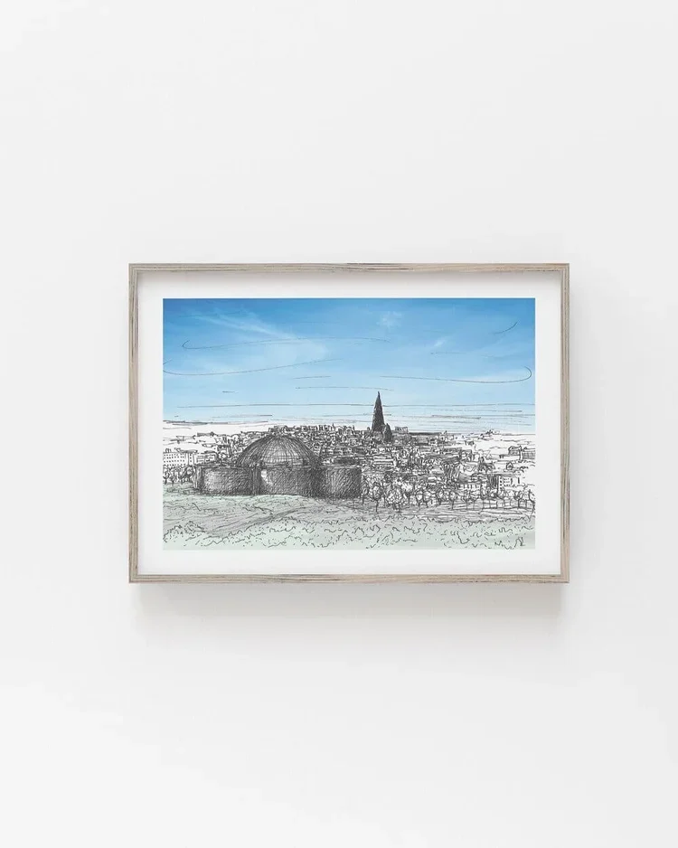 Perlan & Reykjavik City, Iceland Architectural Drawing by Sonia Nicolson.