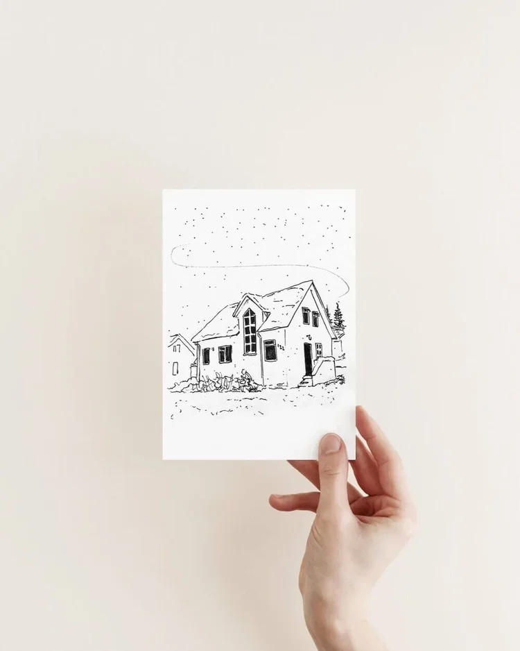 Original hand-drawn architectural sketch of a snowy Icelandic house in winter by architect Sonia Nicolson (Reykjavik Sketcher).