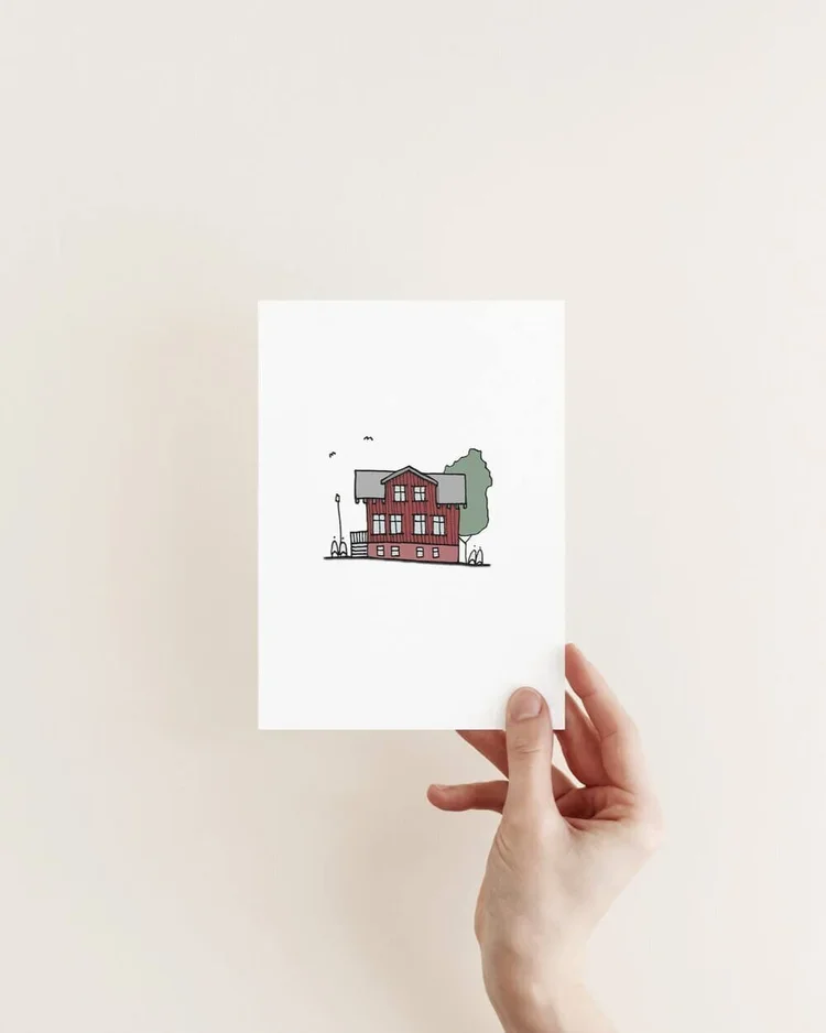 Red gabled Nordic house in Reykjavík Iceland architectural sketch style illustration