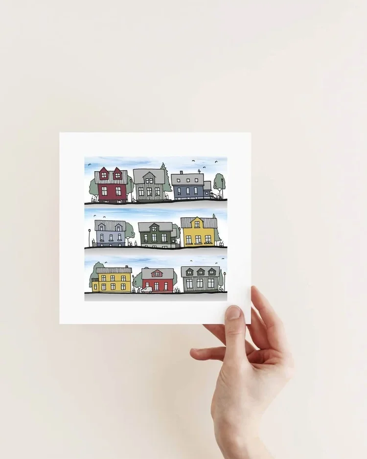 Reykjavik colourful houses street illustration art print inspired by Icelandic architecture and Nordic design.