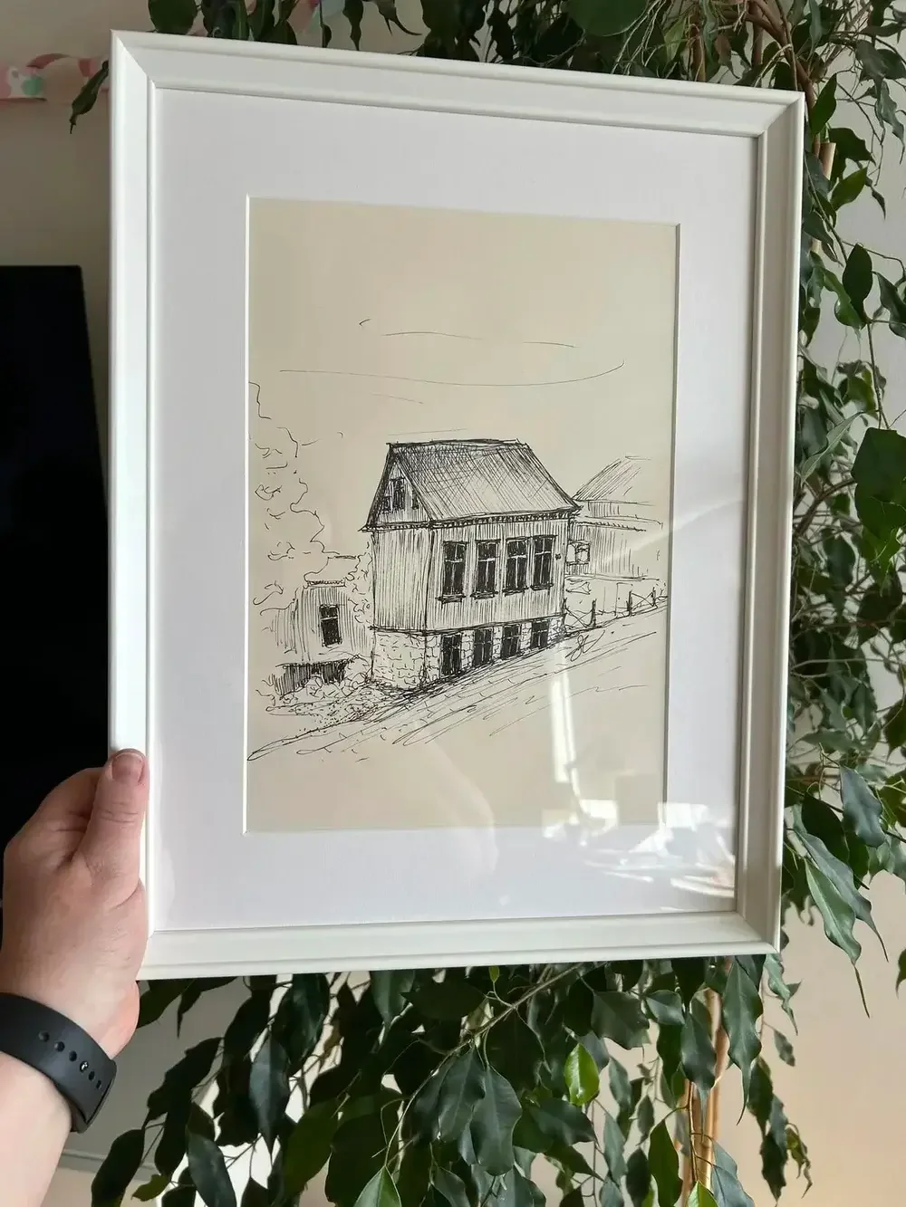 Original hand-drawn architectural sketch of a traditional Reykjavík house by architect Sonia Nicolson, framed ink drawing from the Reykjavik Sketcher series.