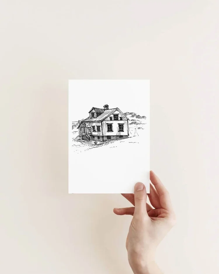 Original hand-drawn architectural sketch of 21 Skúlagata in Stykkishólmur, Iceland by architect Sonia Nicolson.