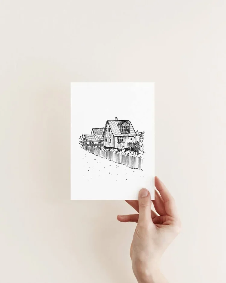 Original hand-drawn architectural sketch of a traditional Icelandic street and timber house by architect Sonia Nicolson, Reykjavik Sketcher.