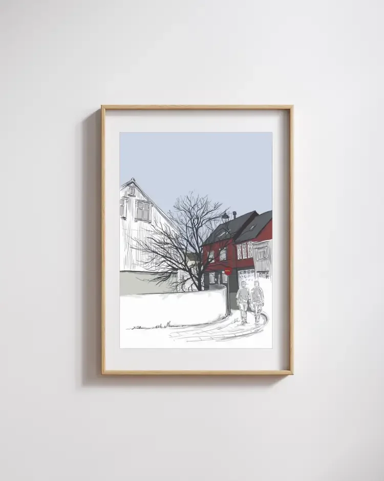 Digital hand-drawn architectural street sketch in Hafnarfjörður, Iceland, printable art by architect Sonia Nicolson.