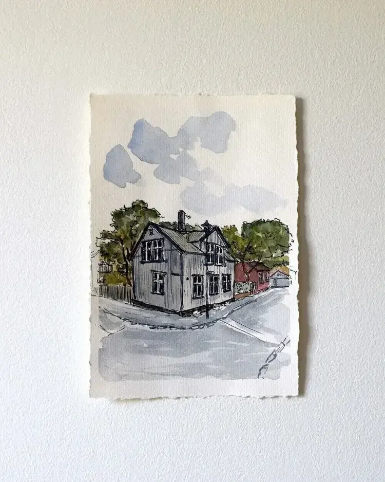 Watercolour painting of house on Frakkastígur and Grettisgata, Reykjavik, Iceland by Sonia Nicolson.
