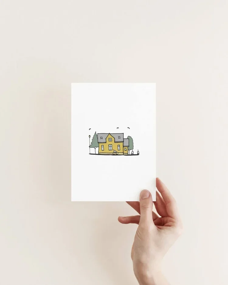 Traditional yellow timber house Reykjavík Iceland Scandinavian architecture illustration print
