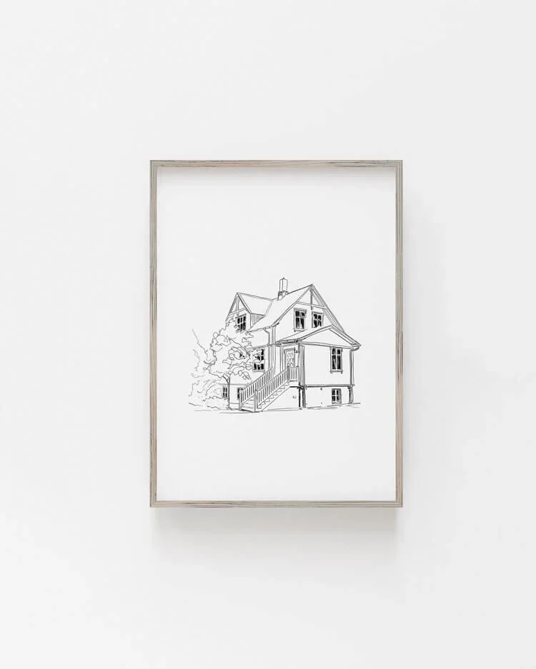 Black and white architectural line drawing of a house, hand-drawn in ink with detailed windows, stairs and trees