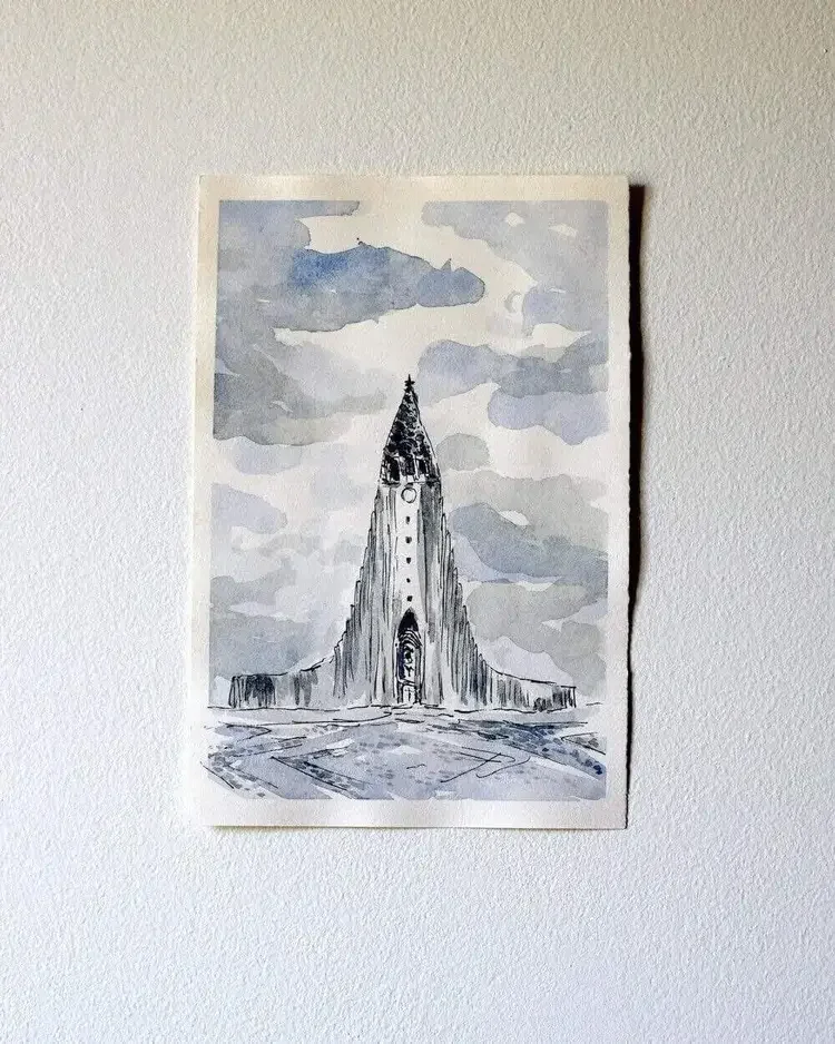 Original architectural watercolour painting of the iconic Hallgrimskirkja church in Reykjavik, Iceland. Painting by local artist and architect, Sonia Nicolson.