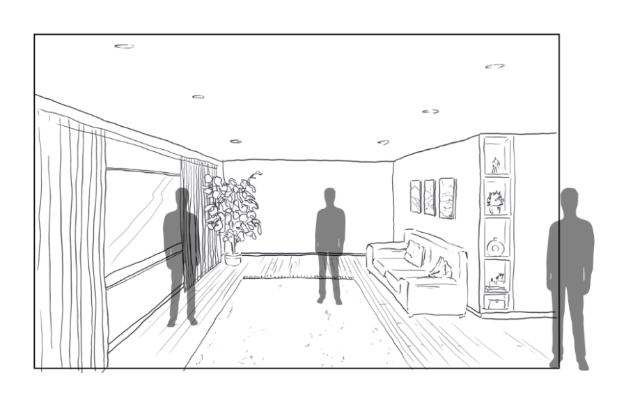 Finished one-point perspective drawing of a living room interior showing furniture, people, plants and architectural details to demonstrate depth and scale.