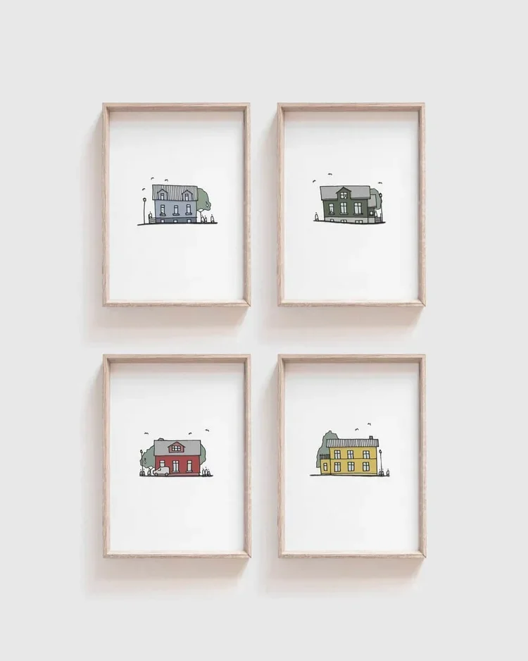 Set of four colourful Icelandic houses art print in minimal line and colour by Reykjavík Sketcher