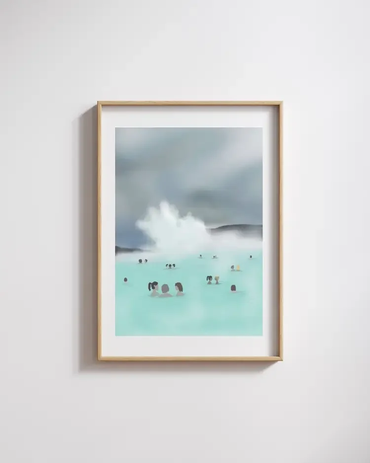 Digital hand-drawn sketch of the Blue Lagoon in Iceland, printable art by architect Sonia Nicolson.