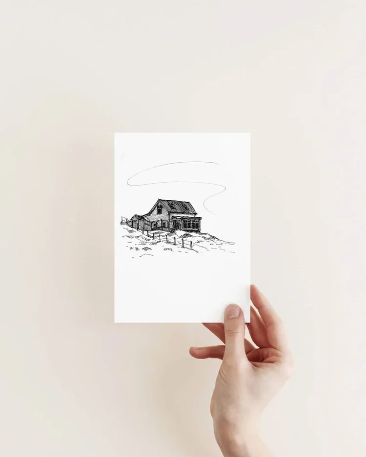 Original hand-drawn architectural sketch of an Icelandic sun porch house in the countryside by architect Sonia Nicolson (Reykjavik Sketcher).