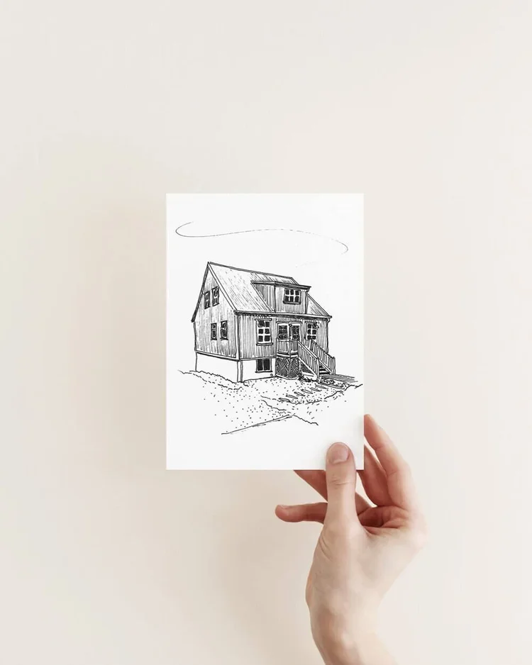 Original hand-drawn architectural sketch of a traditional Icelandic house by architect Sonia Nicolson, Reykjavik Sketcher.