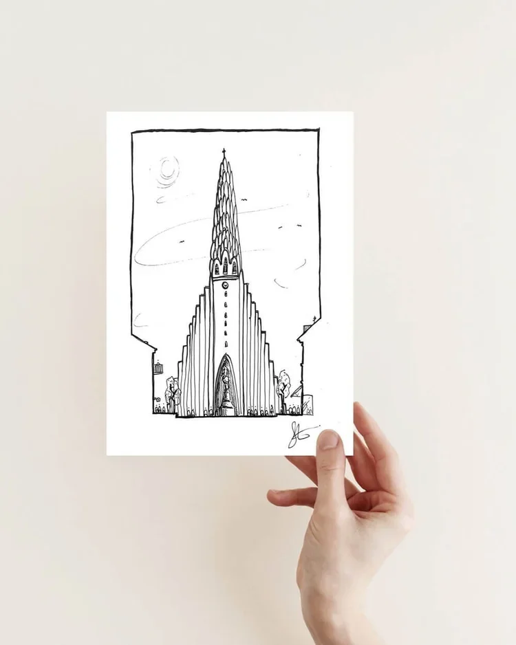 Original hand-drawn elevation sketch of Hallgrímskirkja in Reykjavík, Iceland by architect Sonia Nicolson.