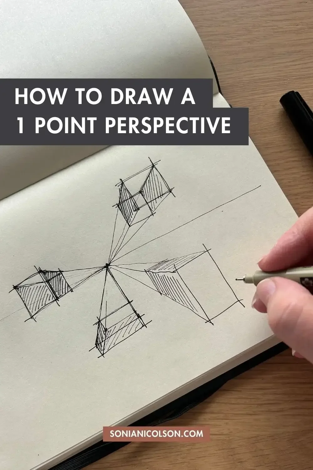 One-point perspective architectural drawing with room interior and the title “Mastering One-Point Perspective: Essential Guide for Interior Design and Architecture Students”.