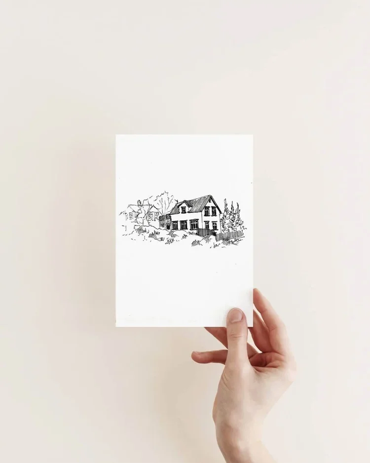 Original hand-drawn architectural sketch of a historic house in Hafnarfjörður, Iceland by architect Sonia Nicolson (Reykjavik Sketcher).