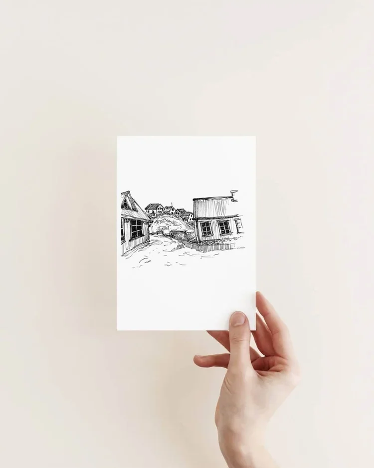 Original hand-drawn architectural sketch of a street view in Stykkishólmur, Iceland by architect Sonia Nicolson.