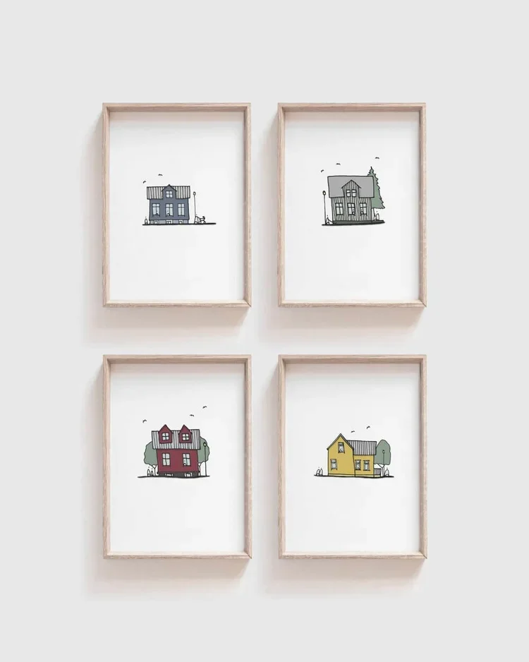 Set of four Scandinavian style Icelandic houses architectural art print in soft colour palette