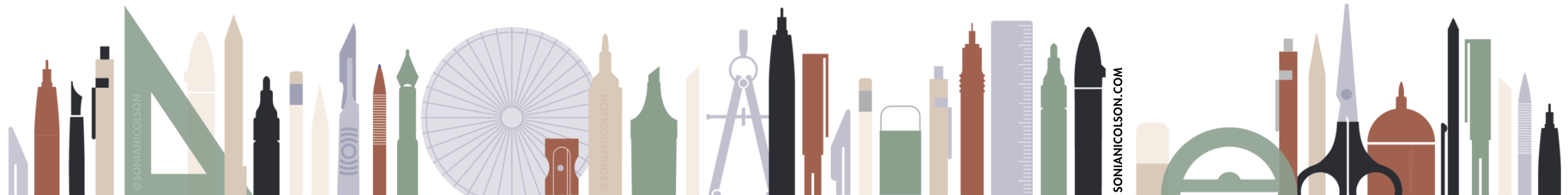 Skyline-style illustration made from architecture tools and drawing supplies, featured as a header on Sonia Nicolson’s Shipping & Delivery information page for art prints and creative products