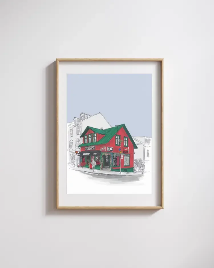 Digital hand-drawn architectural sketch of Drekinn on Njálsgata in Reykjavík, printable art by architect Sonia Nicolson.