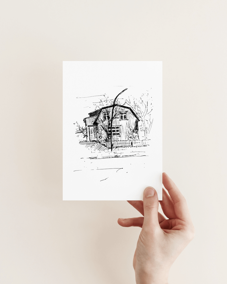 Original hand-drawn architectural sketch of a traditional house in Reykjavík, Iceland by architect Sonia Nicolson.