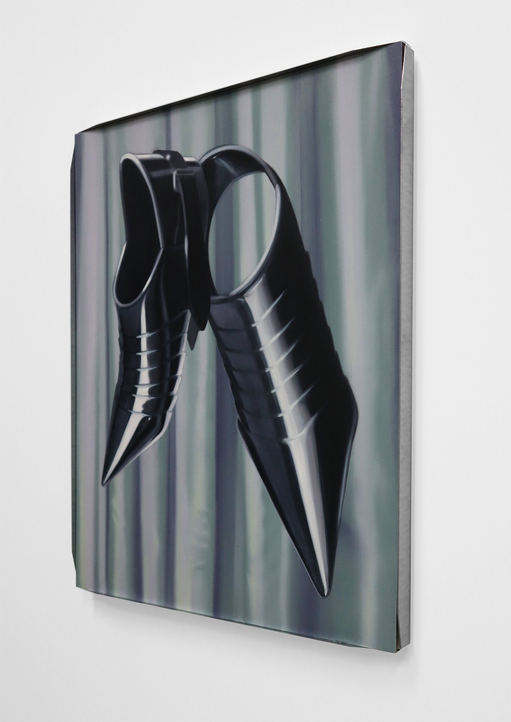   ‘Ellipsis Monopsony’    Oil, wax, marble dust, graphite, and matte varnish on panel in folded steel frame. 30.5 x 40.5 cm    2026  