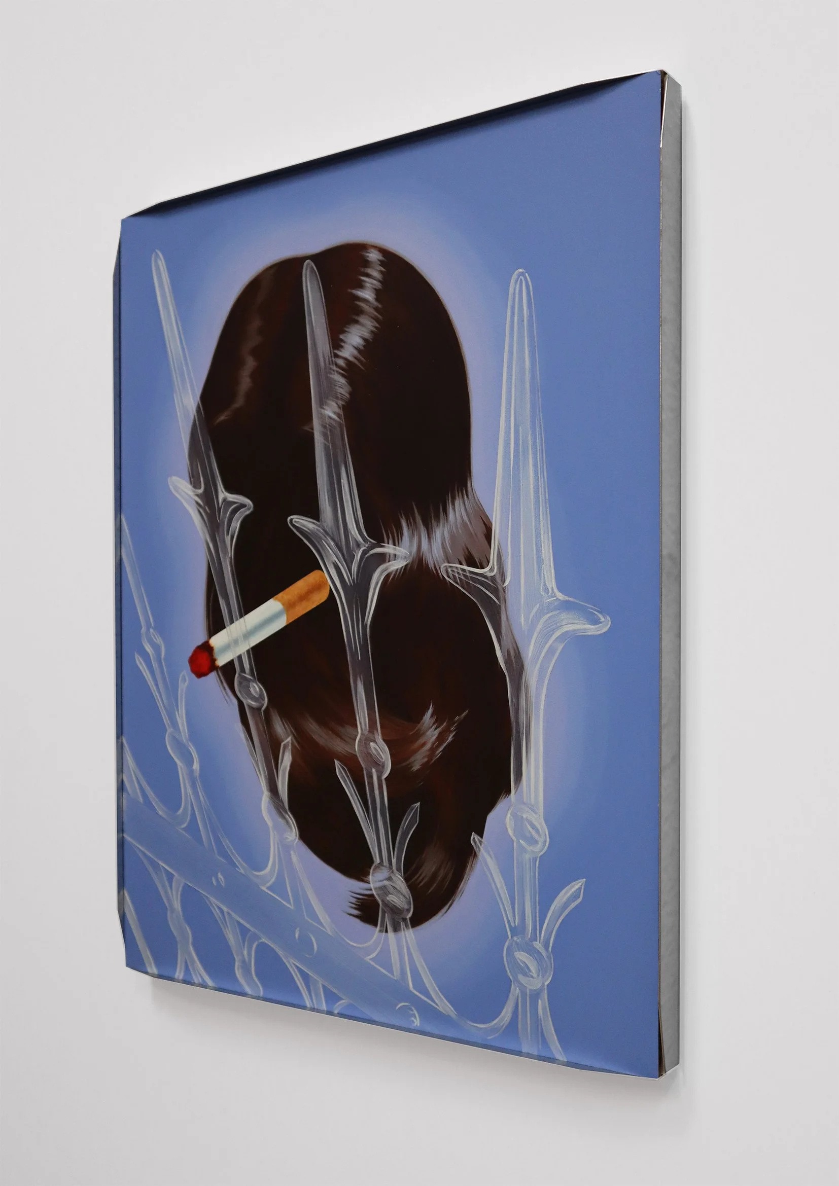  'Macro Plastic'  Oil, wax, marble dust, graphite, and matte varnish on panel in folded steel frame. 30.5 × 40.5cm  2026 
