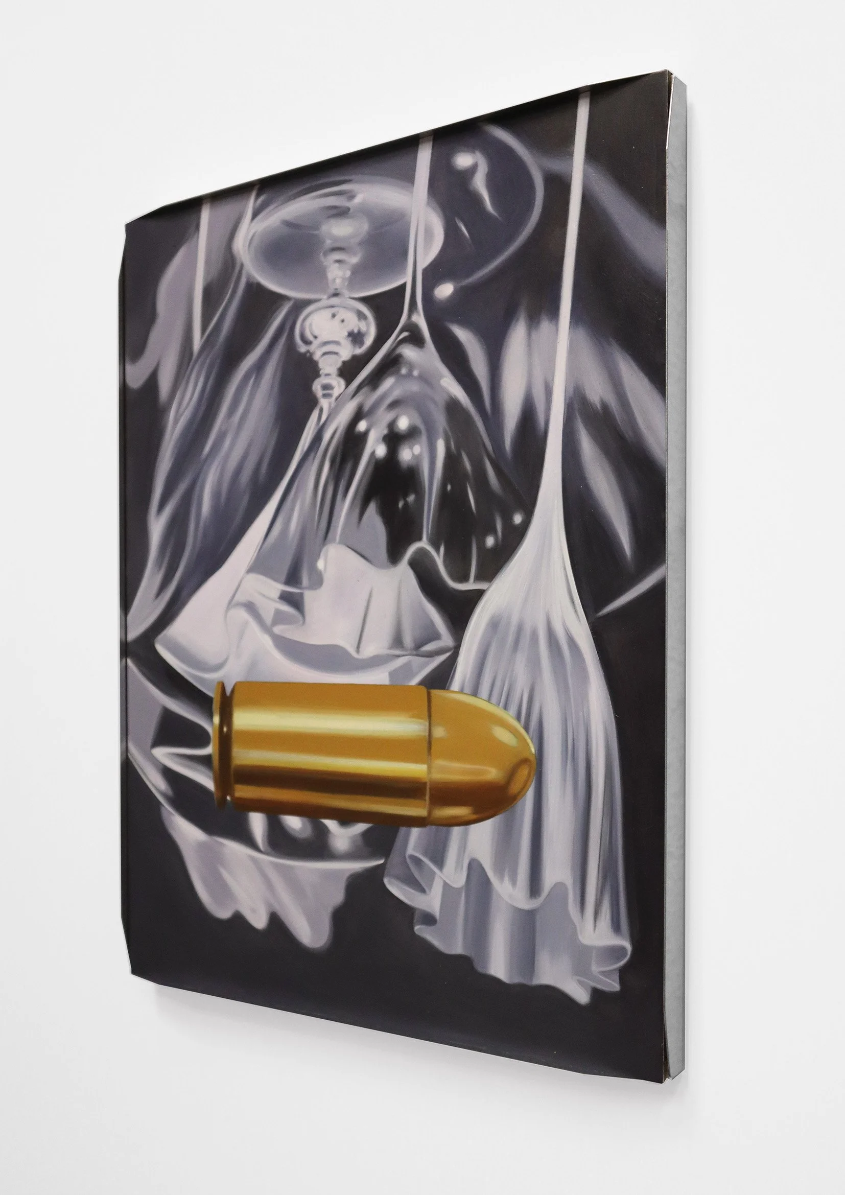   Schism Elliptical   Oil, wax, marble dust, graphite, and matte varnish on panel in folded steel frame. 30.5 × 40.5 cm  2026 