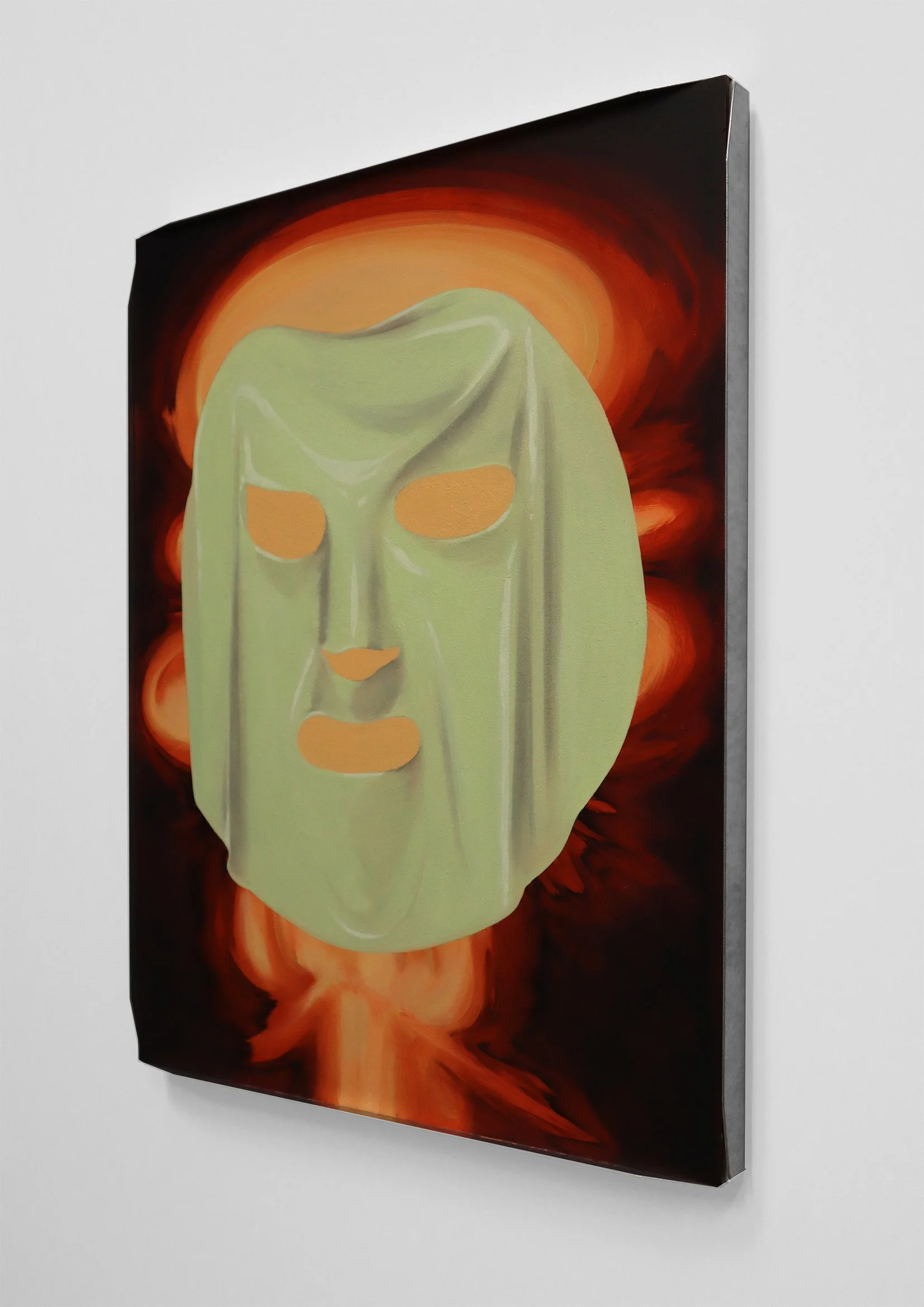  'Oklo Flagellator'  Oil, wax, marble dust, graphite, and matte varnish on panel in folded steel frame. 30.5 x 40.5 cm  2026 