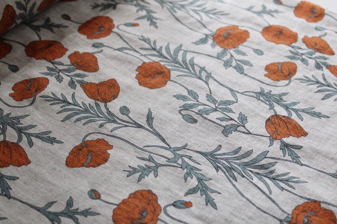 back in stock! three beautiful colors of the Hokkoh linen poppies fabric. #shopstitchcraft #linenfabric #poppyfabric