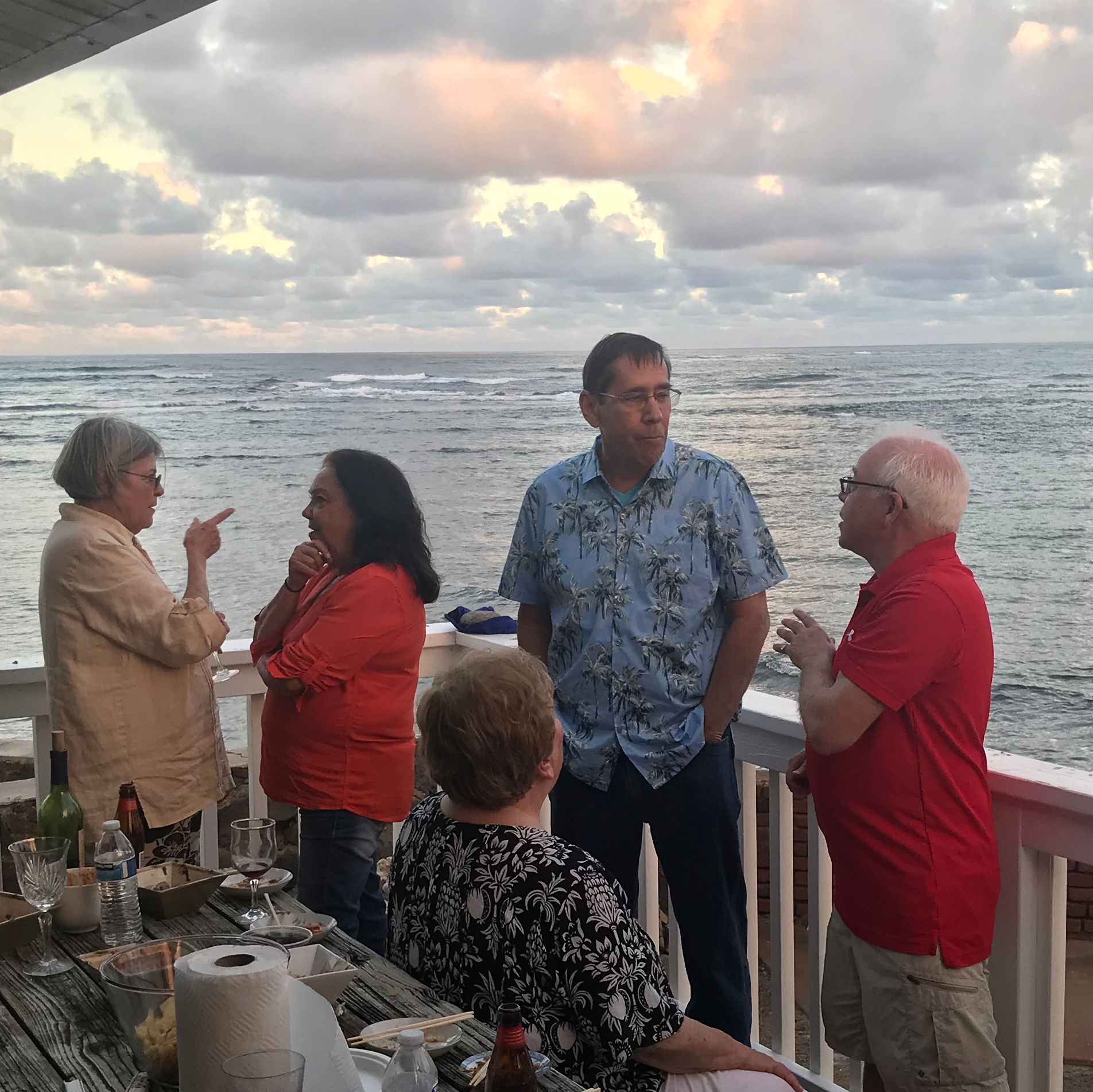 Wonderful Aloha welcome from Maureen Malanaphy with Canda Bloir, Kathleen Malanaphy, Carol Chappell (seated), Rick Thomas, and Hugh John Malanaphy