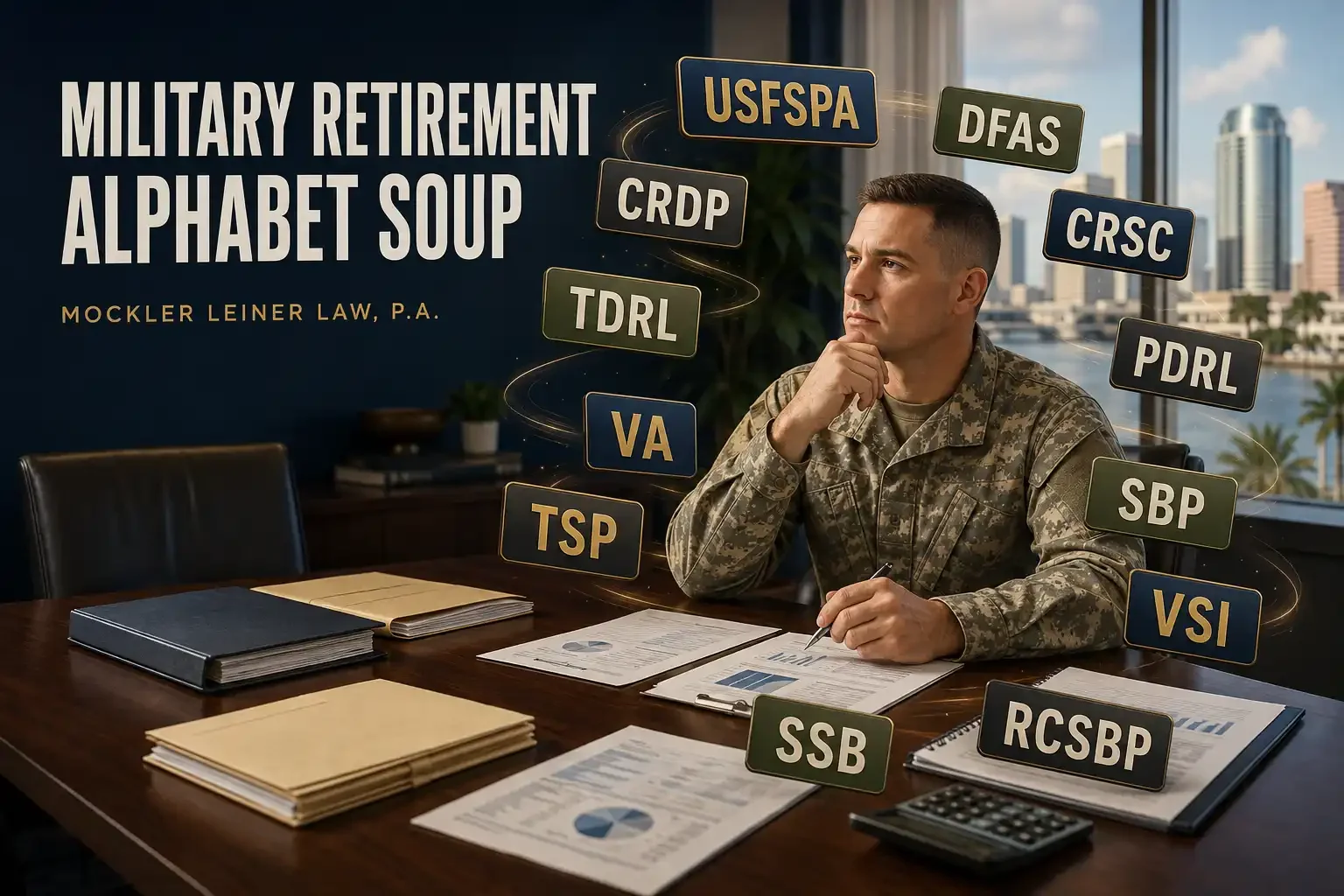 Alphabet Soup: CRDP, CRSC, VA disability, TERA, VSI, SSB, and TSP. How Are These Benefits Treated in a Military Divorce