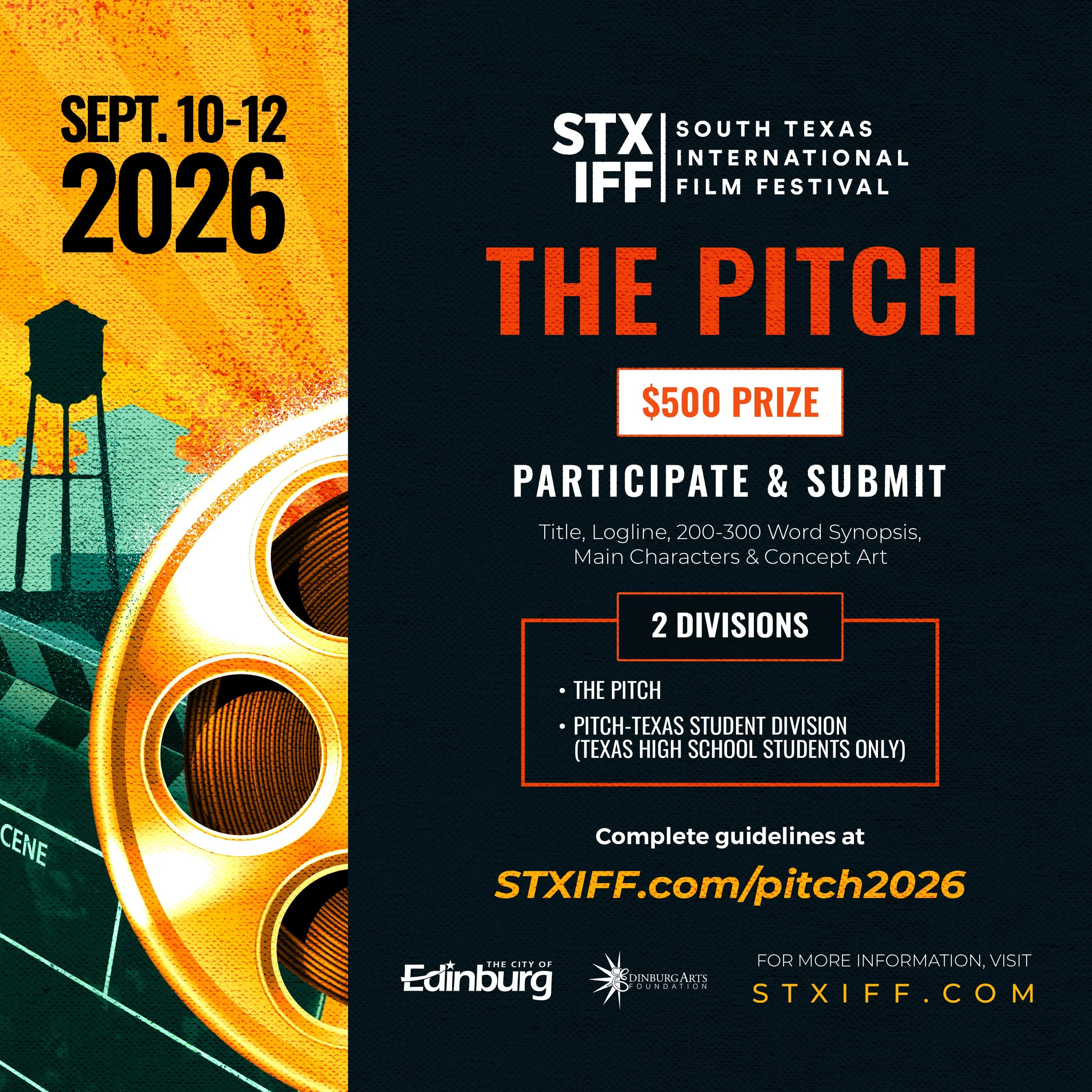 The Pitch graphic. $500 prize. Complete guidelines at STXIFF.com/pitch2026