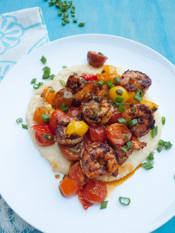 Shrimp and millet grits are low-FODMAP, gluten free and dairy free. Plus, they're so quick and easy for weeknight cooking! Click through for a free printable recipe and shopping list.
