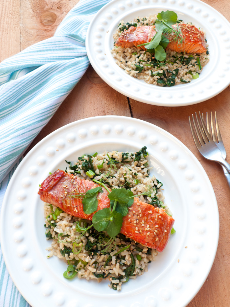 This maple-marinated salmon with spinach rice is a simple, healthy recipe that doesn't require too many ingredients for weeknight cooking. It's from The Low-FODMAP Cookbook by Dianne Fastenow Benjamin. Click through to get the recipe and read my review of the cookbook!