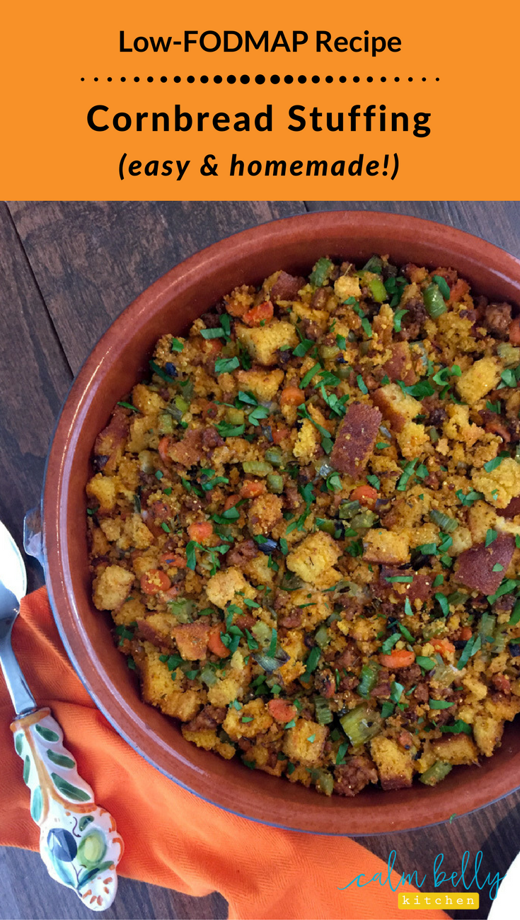 This low FODMAP cornbread stuffing is going to be the hit of your Thanksgiving dinner. You do NOT need to sacrifice this holiday if you're following the low fodmap diet. With an easy gluten free cornbread you can make ahead of time, this stuffing can baked in your turkey or separately. #fodmap #IBS