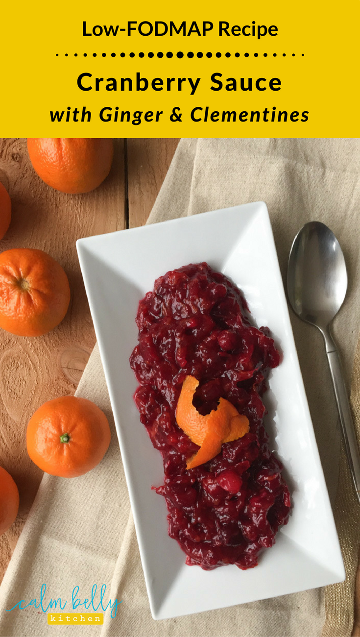 Fresh cranberries are low fodmap, and here they're combined with pumpkin pie spice, clementines, and ginger to make a delicious side dish for your Thanksgiving meal! #fodmap #IBS